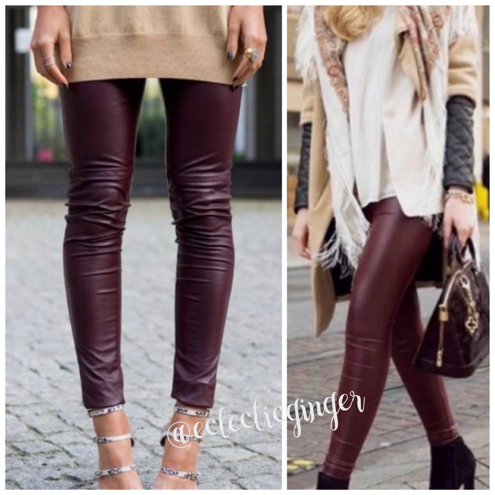 Burgundy red faux leather high waisted leggings L - Picture 5 of 5